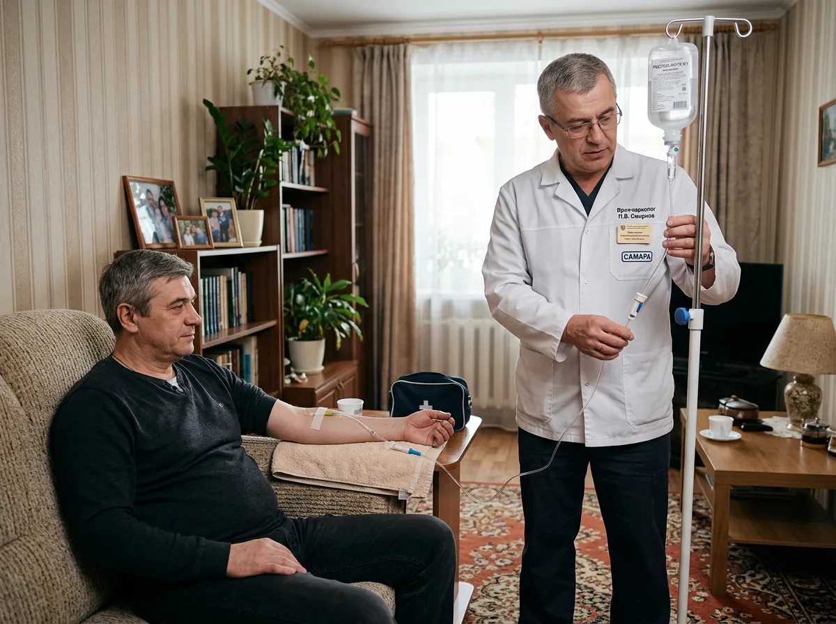 Опытный врач-нарколог в белом халате проводит детоксикационную капельницу пациенту на дому в Самаре, профессиональная обстановка, спокойный интерьер квартиры