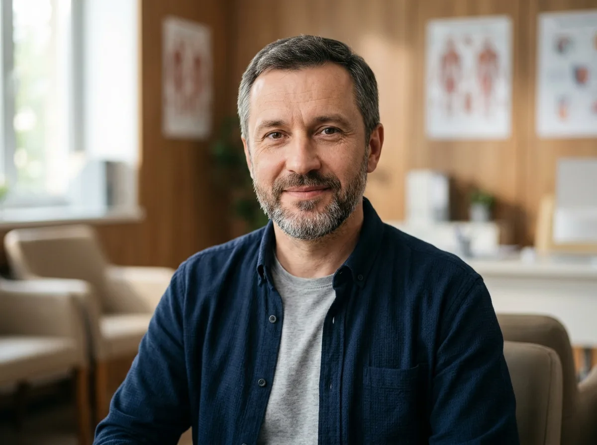 Мужчина 45 лет, аватар пользователя для медицинского отзыва, спокойный нейтральный портрет