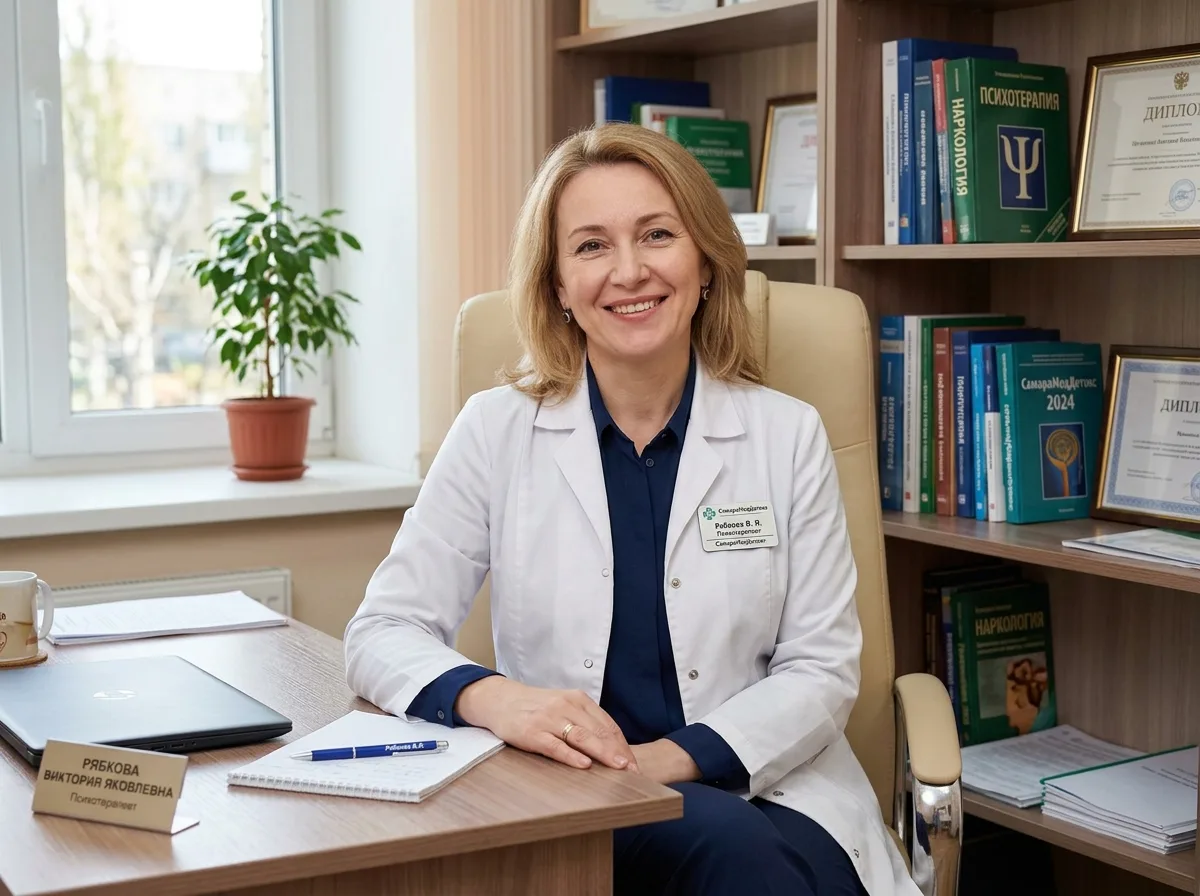 Рябкова Виктория Яковлевна — психотерапевт клиники СамараМедДетокс, портрет женщины-врача в медицинском кабинете, профессиональный снимок